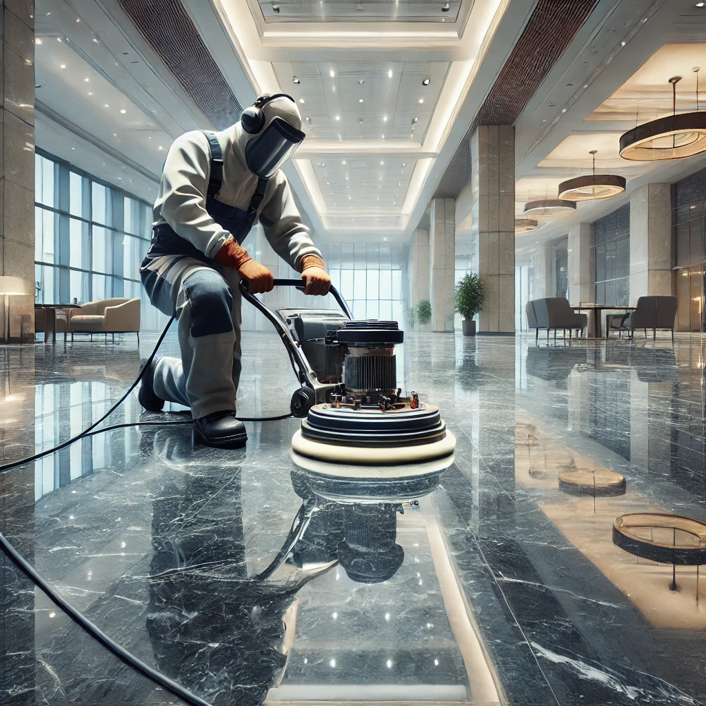 DALL·E 2025-02-16 12.56.30 - A highly realistic image of a professional worker polishing a marble floor in a commercial space. The worker is using an industrial floor polishing ma