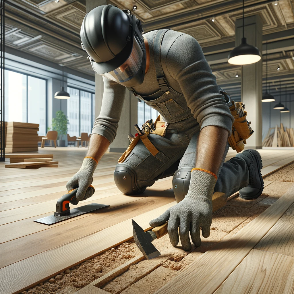 DALL·E 2025-02-16 13.02.56 - A highly realistic image of a professional worker repairing a damaged wood floor in a commercial space. The worker is using tools such as a chisel and