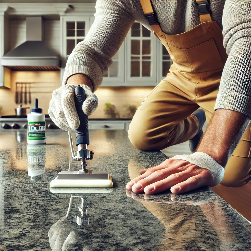 DALL·E 2025-02-16 22.39.09 - A highly realistic image of a professional technician sealing a natural stone surface. The technician is carefully applying a protective sealant to a